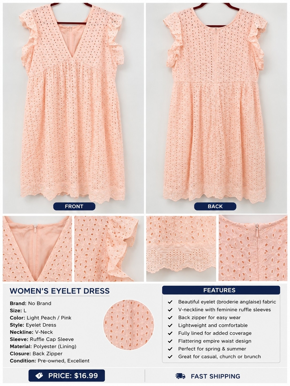 Women’s Light Peach Eyelet Dress – Ruffle Sleeves, Size L, No Brand
